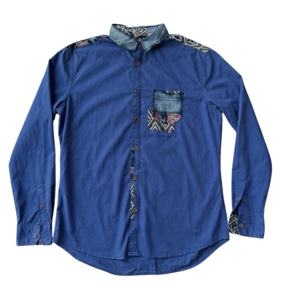 Desigual Man Blue Patchwork Button Down Shirt XL Regular Mixed Media Denim Trim